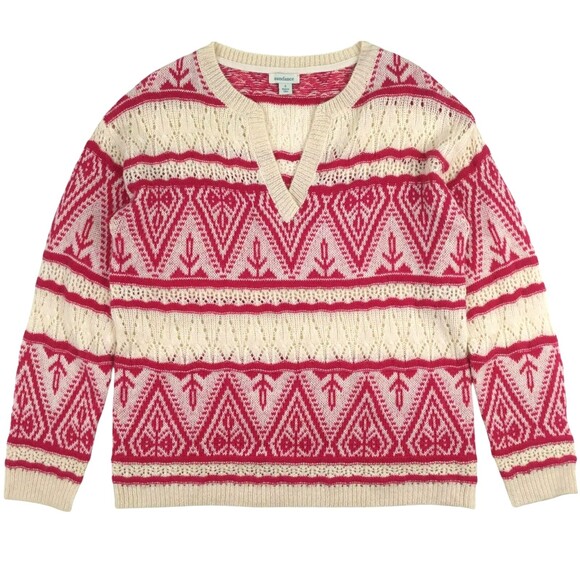 Sundance Brixen Fair Isle V-Neck Sweater Size M Wool Blend Pointelle Pink White - Picture 12 of 16